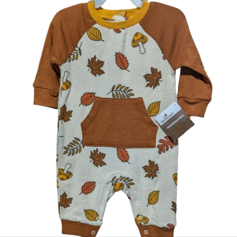 CELEBRATE baby boy girl Fall Leaves Mushrooms Bodysuit 0-3 Month Brown k- 302